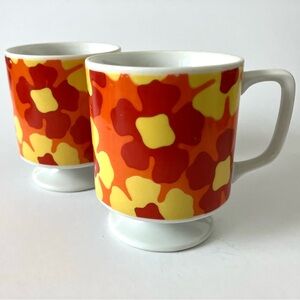 Set of Two (2) Vintage Pedestal Mugs Red Orange Yellow Floral Mod Design